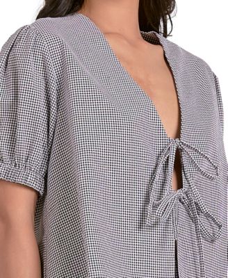 Women's Gingham Tie-Front Puff-Sleeve Top
