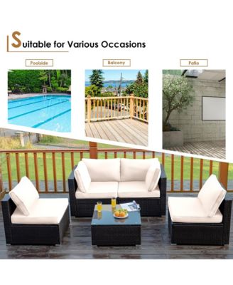 5PCS Patio Rattan Furniture Set Cushioned Sofa Chair Coffee Table
