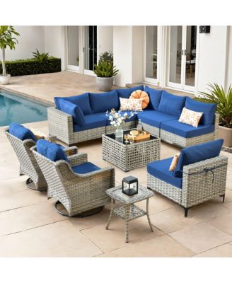 10 Piece Outdoor Rattan Patio Set with Swivel Rocker Chairs, Modular Sectional & Solar Coffee Table
