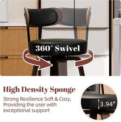 24 inches Bar Stools Set of 2, Counter Height Bar Stools with Leather Pad Wood Back, Leather Upholstered Barstools for Kitchen Island, Cafe