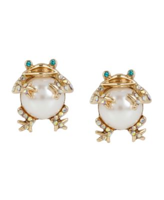 Faux Stone Cultivated Pearl Frog Stud Earrings