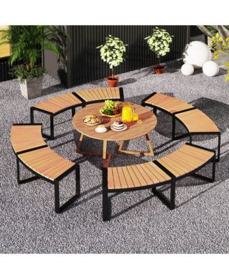 Backless 2-Person Patio Curved Bench with Slatted Seat & Metal Legs Oil Painted