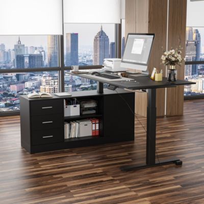 3-Drawer Wooden L-Shape Computer Desk with Adjustable Height, Open Shelves, Door Cabinet  63-Inch Large Workstation