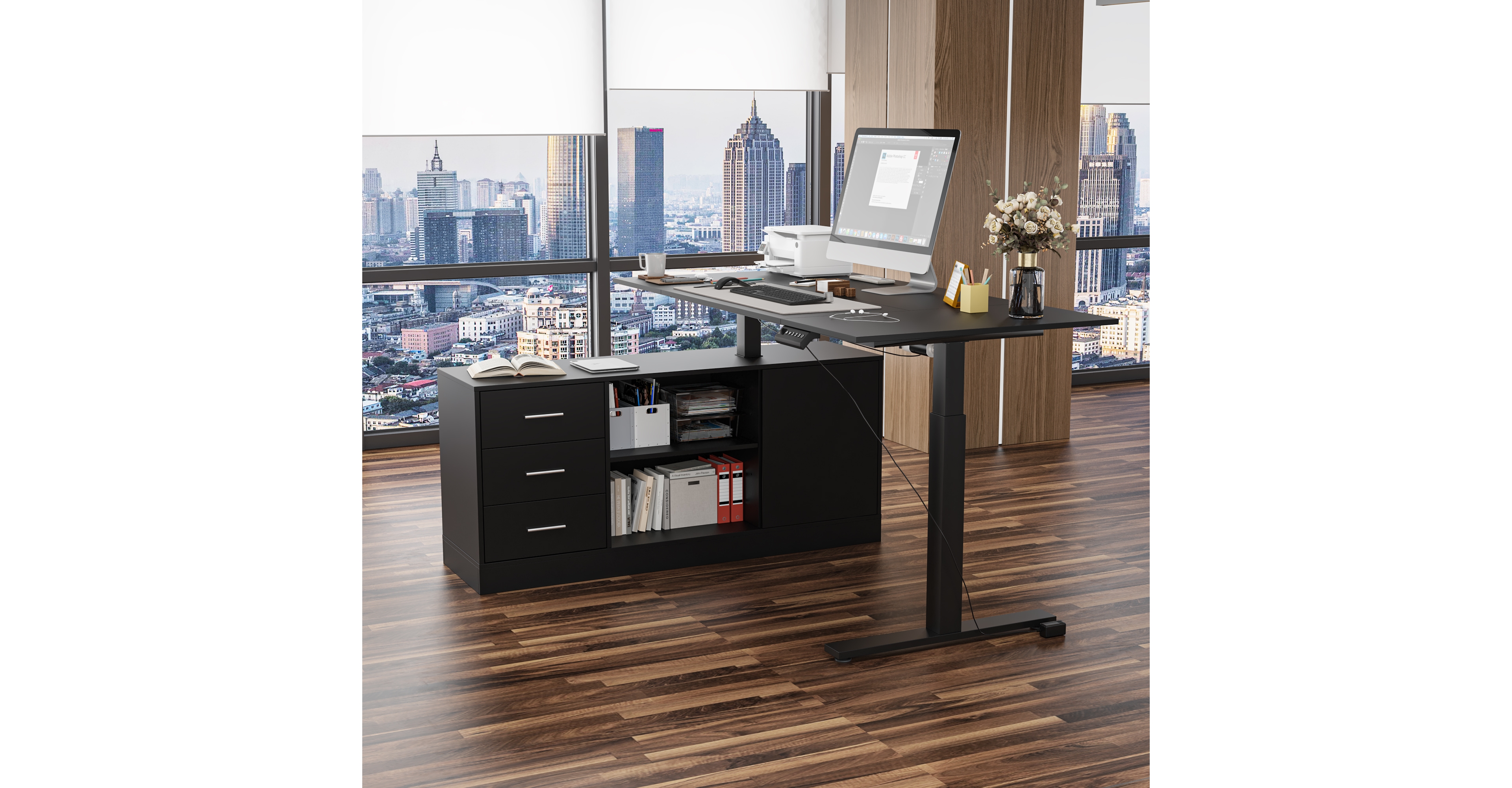 63 in. Width L-Shape Black Wooden 3-Drawer Computer Desk with Adjustable Height, Open Shelves & A Door Storage Cabinet