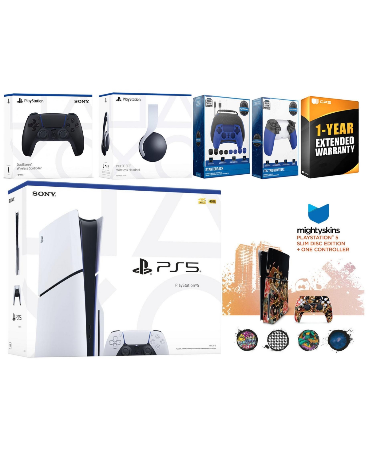 Sony Playstation 5 Slim Disc with White Pulse Headset, Extra Controller, Gamer Kit, Trigger Kit and MightySkins Decal Voucher + 1 Year Cps Extended Wa