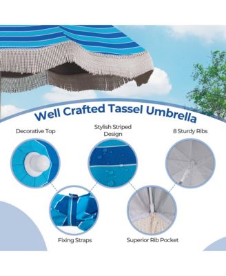 6.5 FT Beach Umbrella w/ Fringe Tassel Umbrella w/ Push Button Tilt Sand Anchor