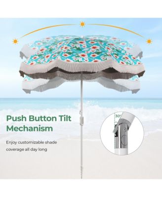 6.5 FT Beach Umbrella w/ Fringe Tassel Umbrella w/ Push Button Tilt Sand Anchor
