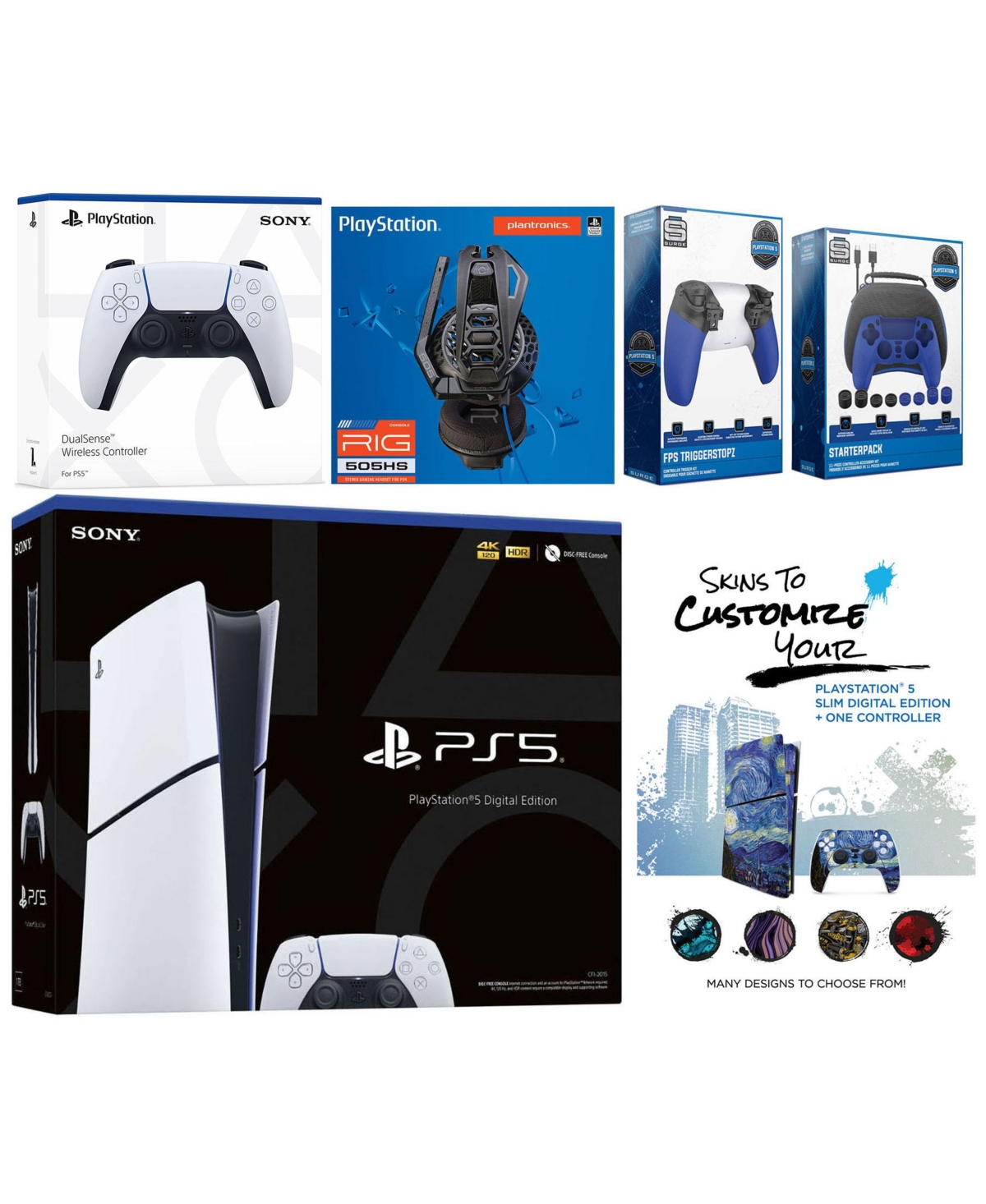 Sony Playstation 5 Slim Digital with Extra Volcanic Red Controller, Plantronics Headset, Gamer Kit, Trigger Kit and MightySkins Decal Voucher + 1 Year