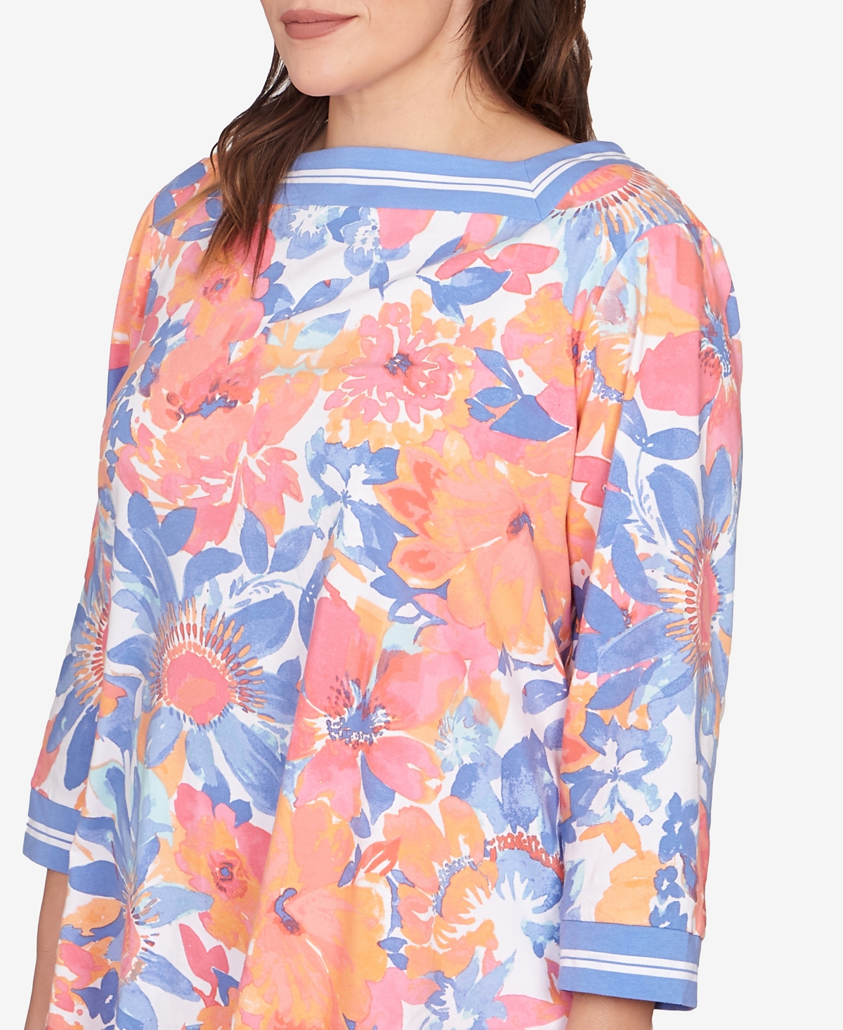 Ruby Rd. Plus Size Floral Striped Trim Top