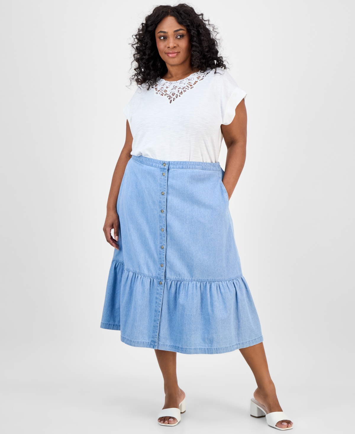 Plus Size Chambray Midi Skirt - Pale Wash