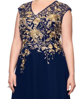 Plus Size Metallic-Embroidered A-Line Gown
