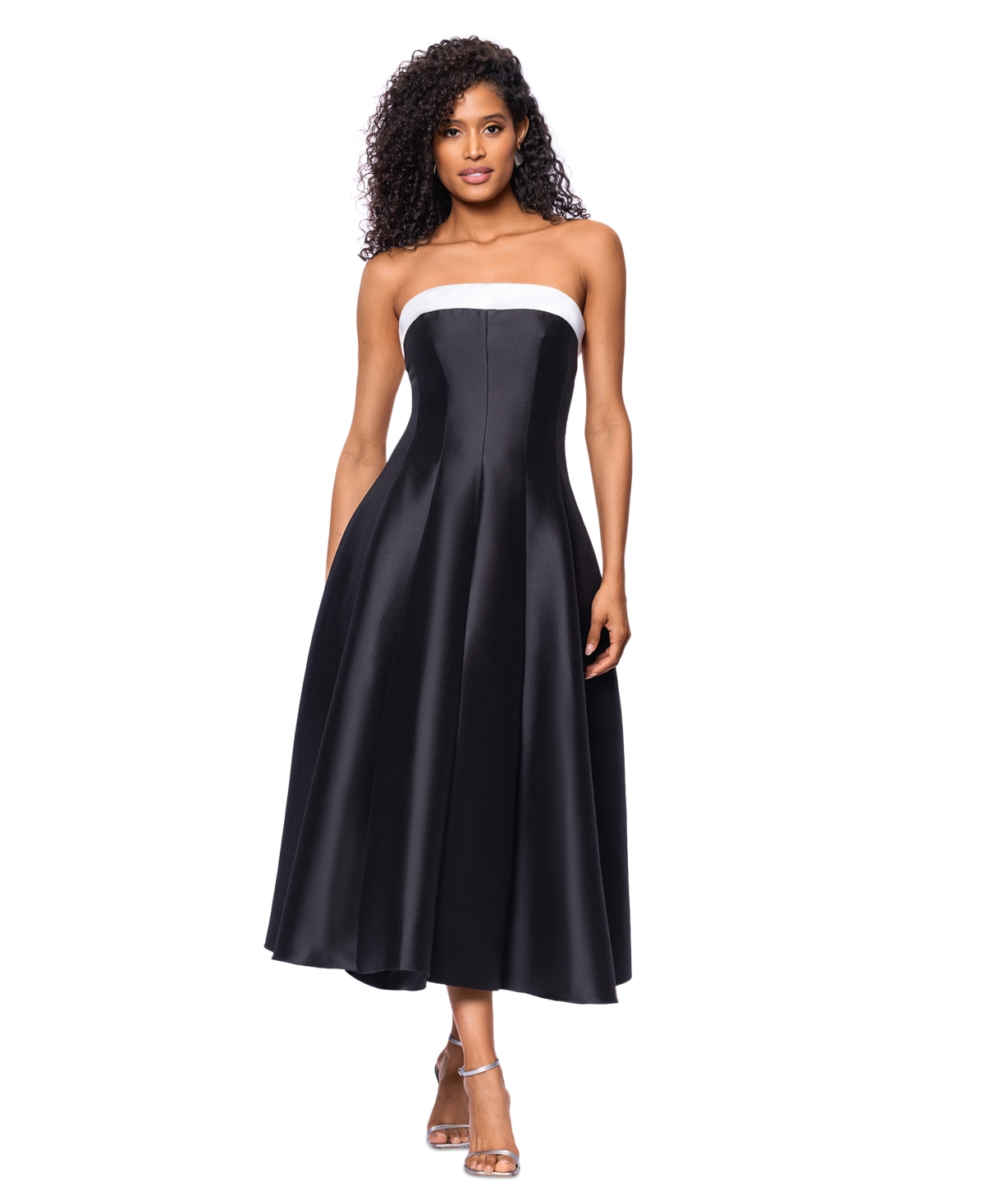 BETSY & ADAM PETITE STRAPLESS MIDI BALLGOWN 