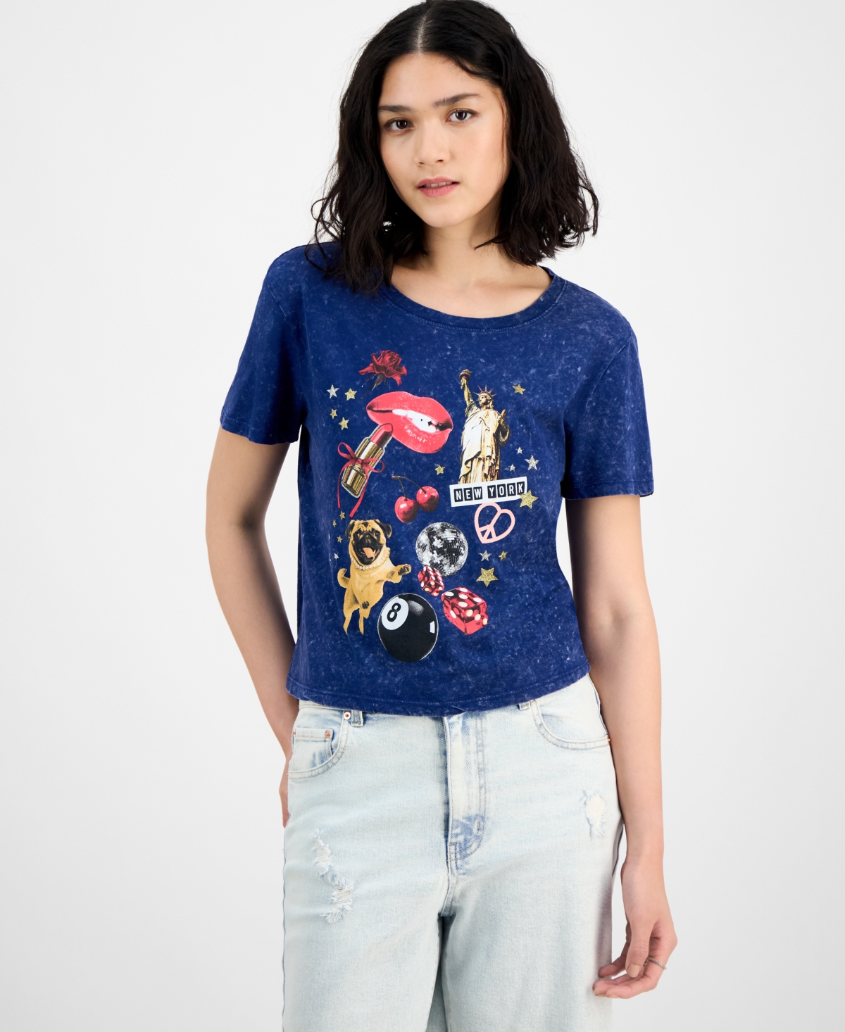 Juniors' New York Glitter Mineral Wash Cotton Graphic T-Shirt - Estate Blue