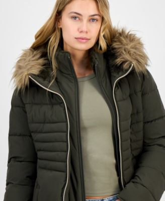 Juniors' Faux-Fur Hooded Bibbed Puffer Coat