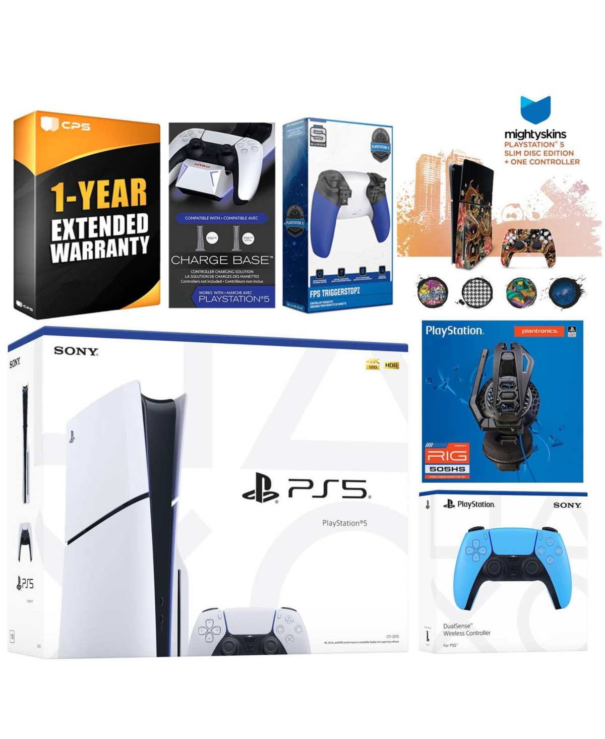 Sony Playstation 5 Slim Disc with Extra Controller, Plantronics Headset, Trigger Stop Kit, Charge Dock and MightySkins Decal Voucher + 1 Year Cps Exte