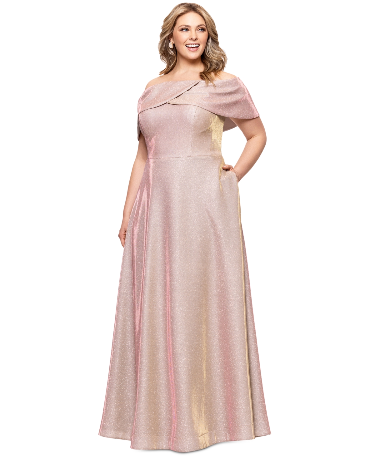 Betsy & Adam Plus Size Metallic Off-the-shoulder Gown