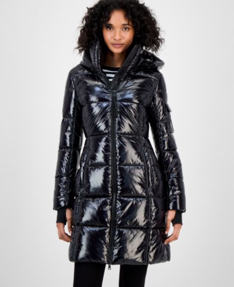 Женские куртки S13 Women's Hooded Thumbhole-Cuff Shine Puffer Coat