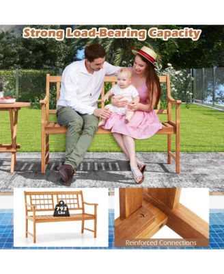 Outdoor Acacia Wood Bench 2-Person Patio Bench with Slatted Seat &  Backrest