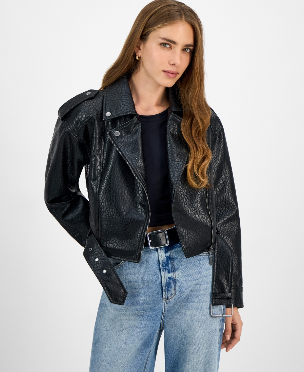 Juniors' Faux-Leather Belted Jacket - Camel