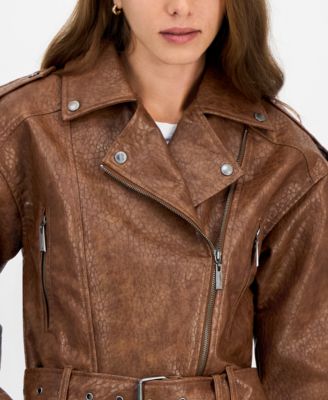 Juniors' Faux-Leather Belted Jacket