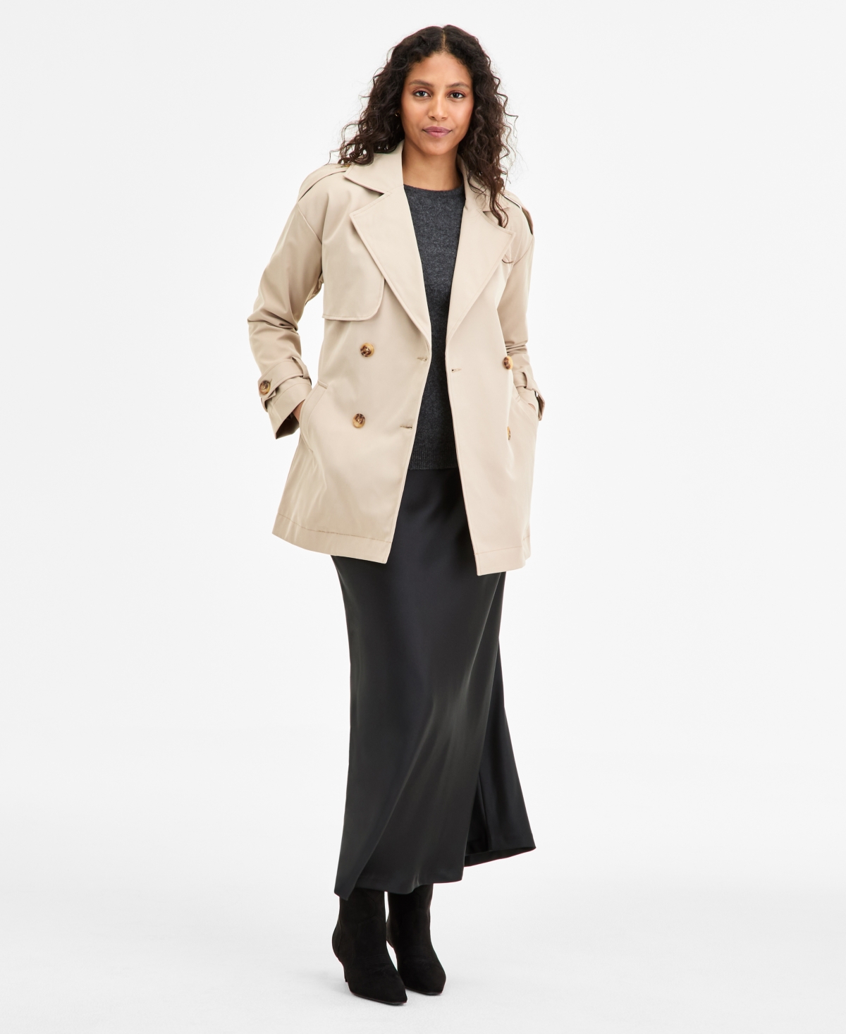 Juniors' Double-Breasted Belted Trench Coat - Taupe