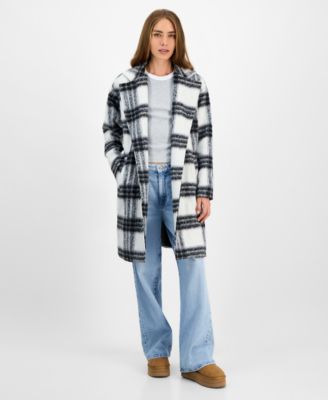 Juniors' Button-Front Plaid Coat