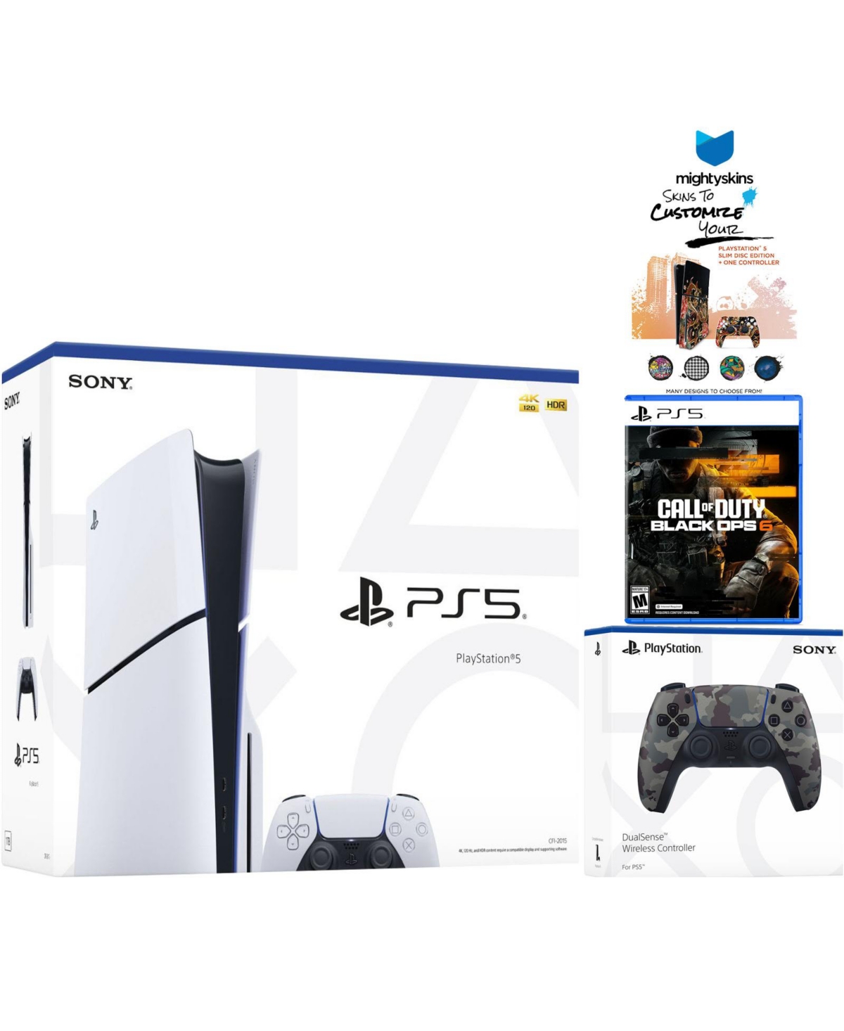 Sony PlayStation 5 Slim Disc with Call of Duty Black Ops 6, Extra Cobalt Blue Controller and MightySkins Voucher Bundle - Gray camo