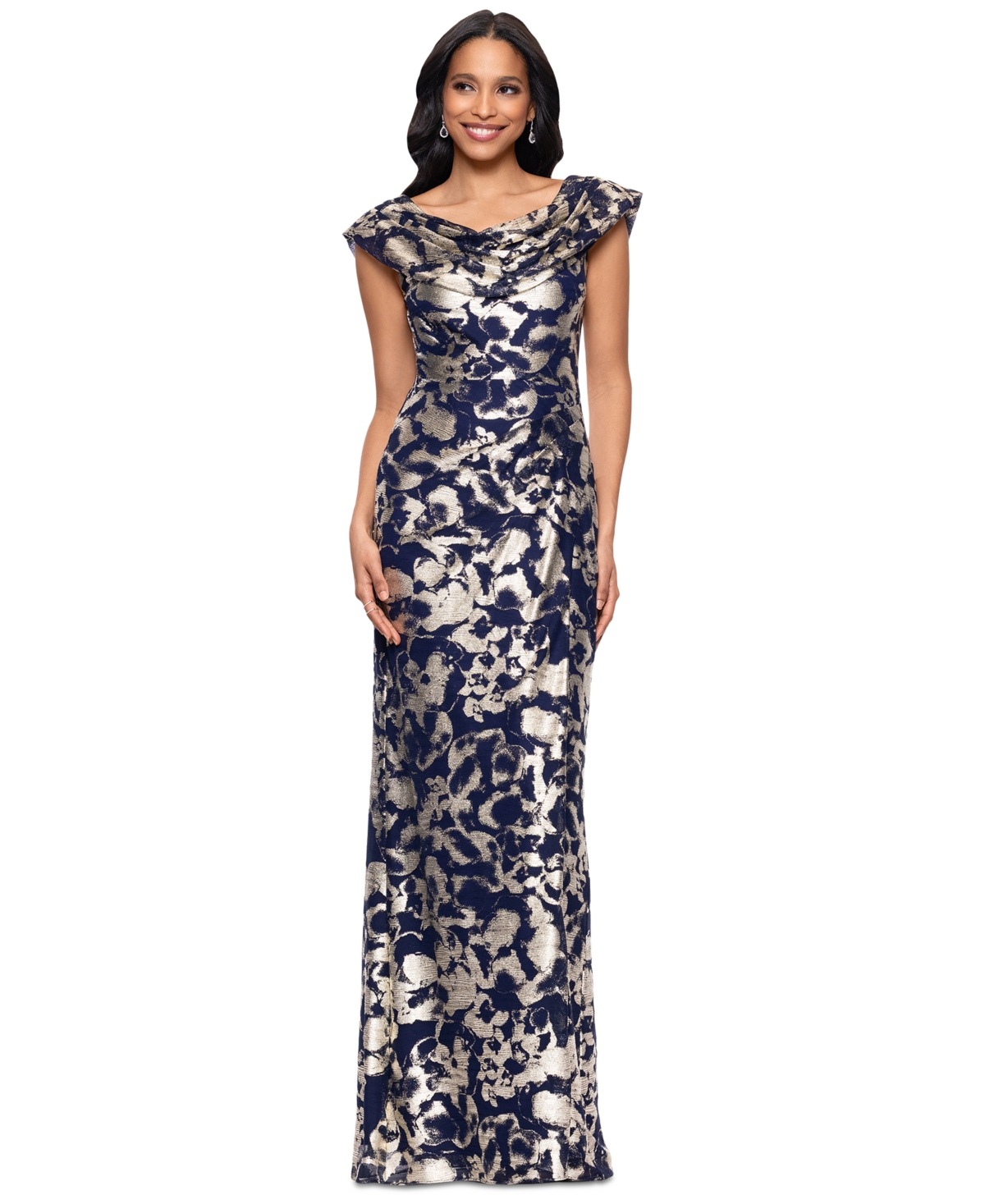 Women's Floral-Foil Powermesh Sheath Dress - Navy/Gold