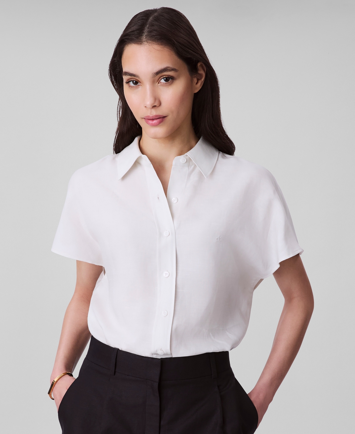 Calvin Klein Women's Linen-blend Short-sleeve Shirt