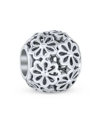 Set of 2 SIS and Heart Flower Filigree Round Bouquet Barrel Charm Bead Silver