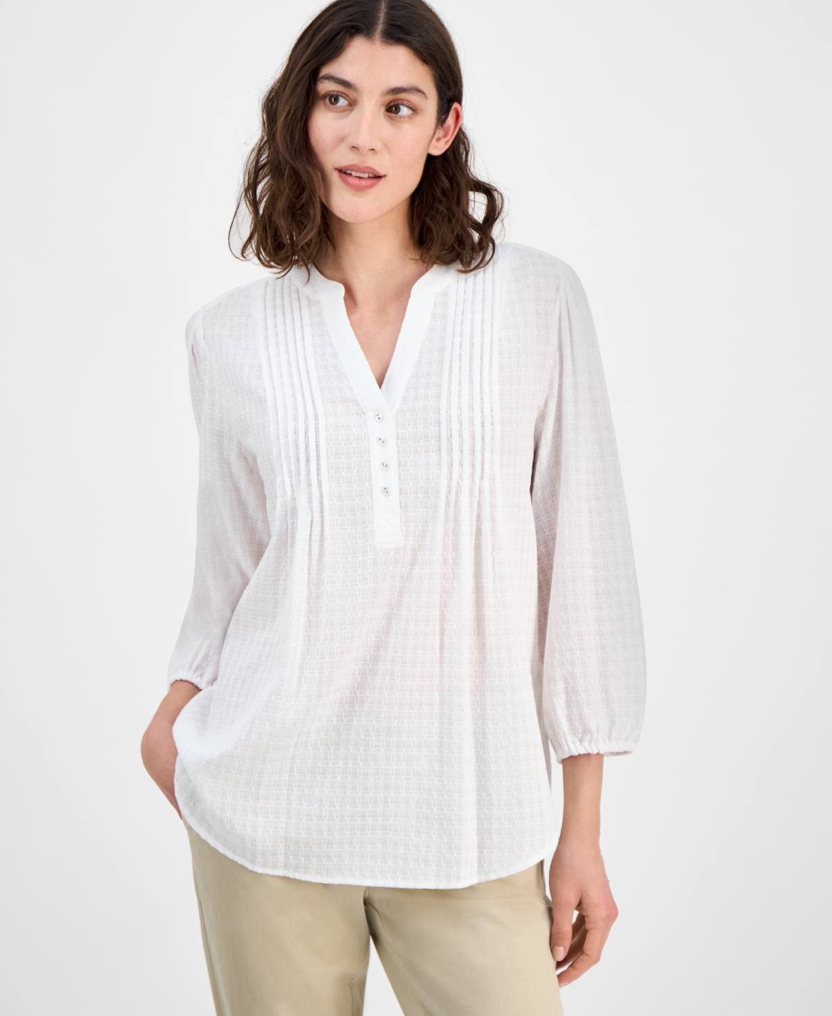 Women's 3/4-Sleeve Pintuck Tunic Top - Bright White