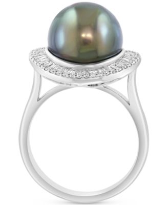 EFFY&reg; Cultured Tahitian Pearl (11mm) & Diamond (3/8 ct. t.w.) Statement Ring in 14k White Gold  