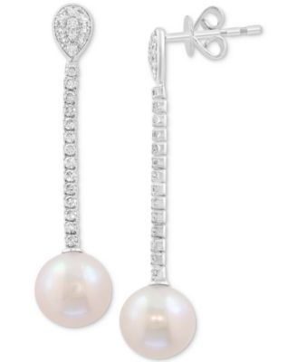 EFFY&reg; Cultured Freshwater Pearl (8mm) & Diamond (3/8 ct. t.w.) Linear Drop Earrings in 14k White Gold