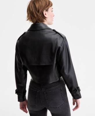 Juniors' Cropped Faux-Leather Belted Trench Coat