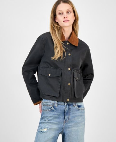 Женская куртка CoffeeShop Juniors' Corduroy-Collar Barn, цвет: Чёрный
