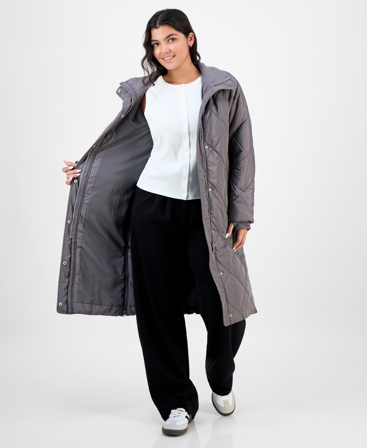 Coffeeshop Juniors' Shawl-collar Quilted Coat In Gray