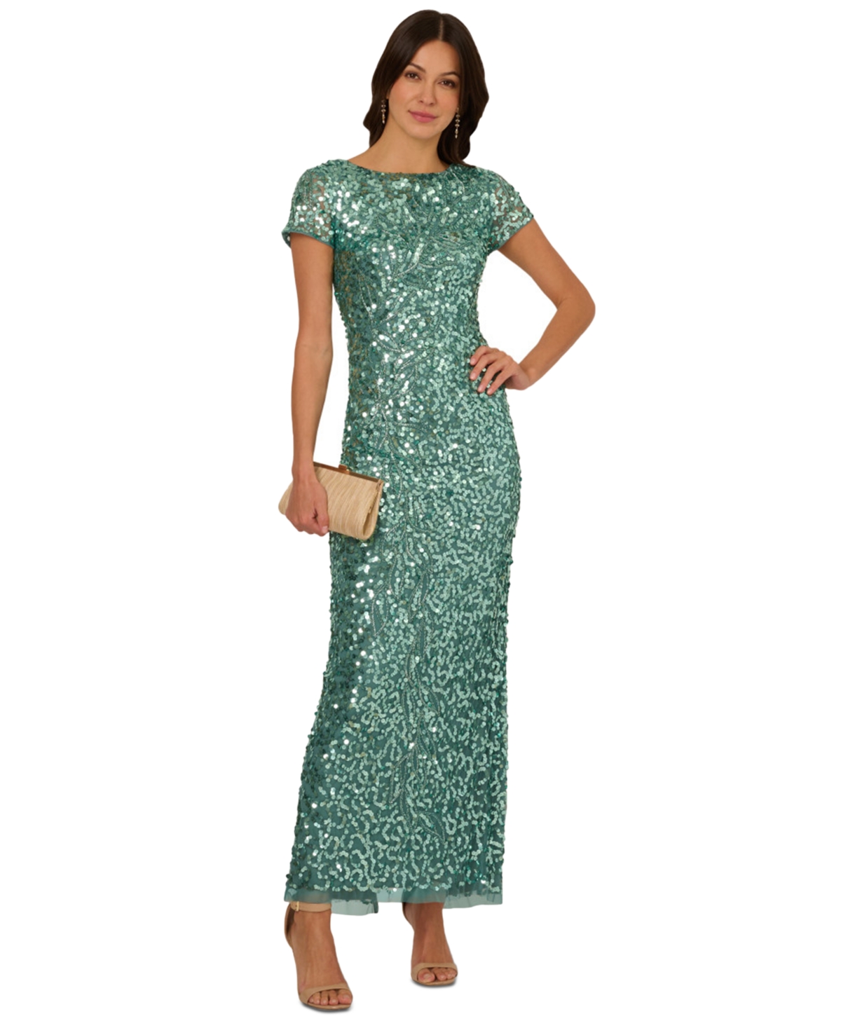 Adrainna Papell Women's Embellished Short-Sleeve Gown - Green Slate