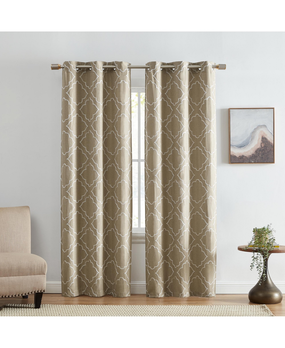 Valian Lattice Embroidered Blackout Window Curtain Panel, Set of 2 - Tan