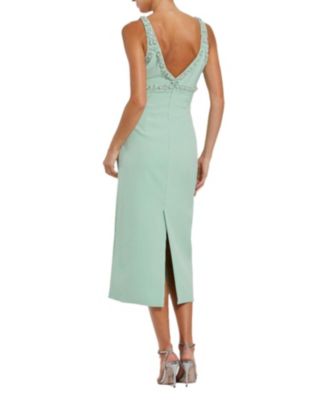 Women's Crepe Fitted Midi Dress With Bow And Beaded Trim
