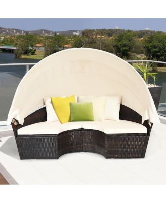 Patio Rattan Daybed Cushioned Sofa Adjustable Table Top Canopy 3 Pillows