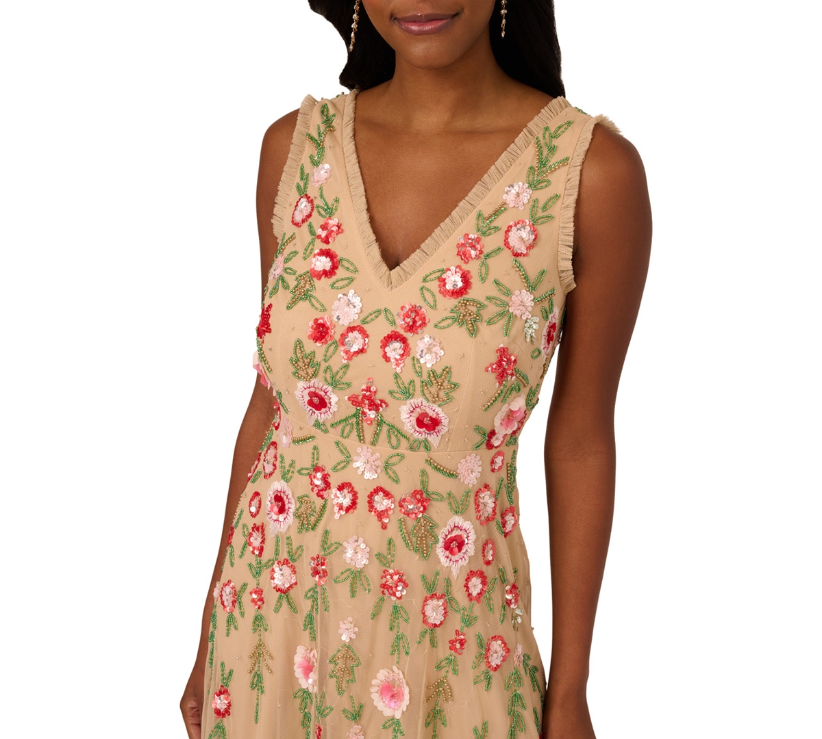 Adrianna Papell Women's Beaded-mesh Fringe-edge Dress