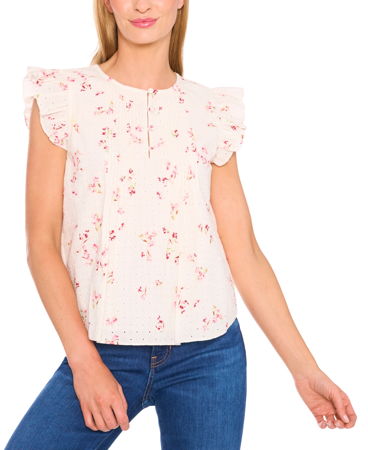 Cece Women's Printed Eyelet Cotton Pintuck Blouse