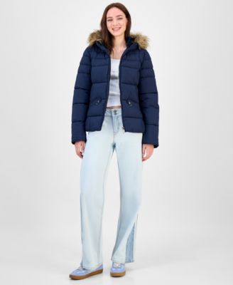 Juniors' Faux-Fur Hooded Puffer Coat