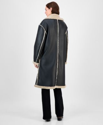 Juniors' Long Faux-Shearling-Trimmed Coat