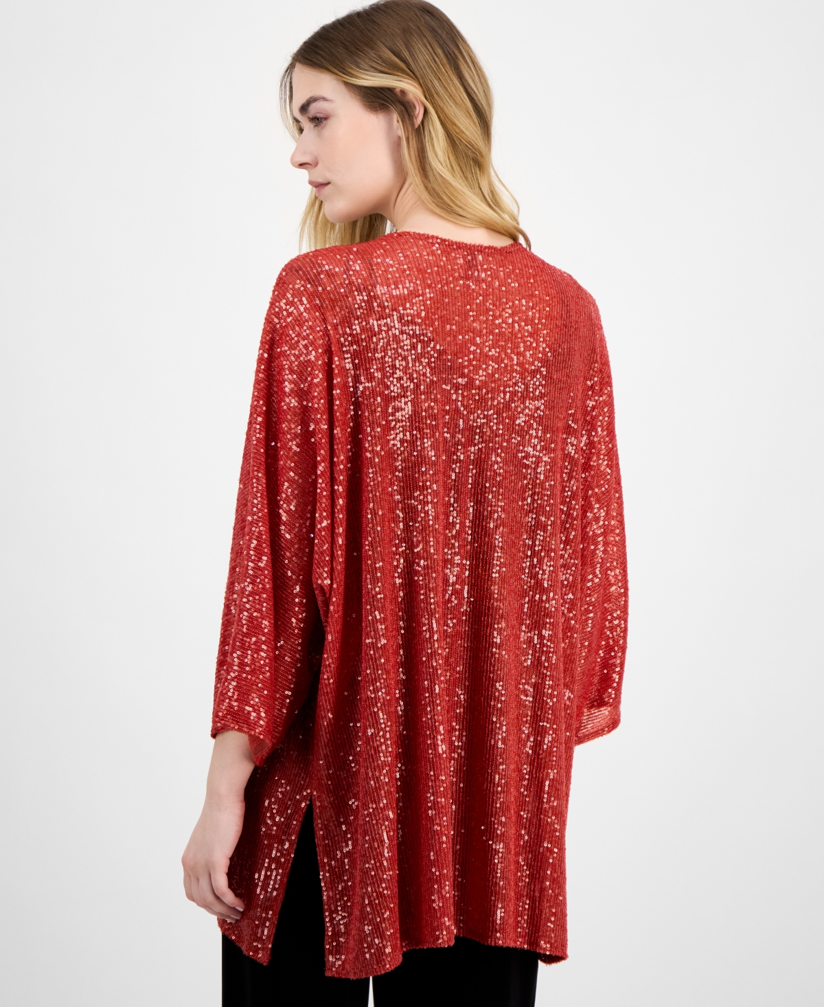 Shop Anne Klein Women's Sequined Open-front Mesh Kimono Cardigan