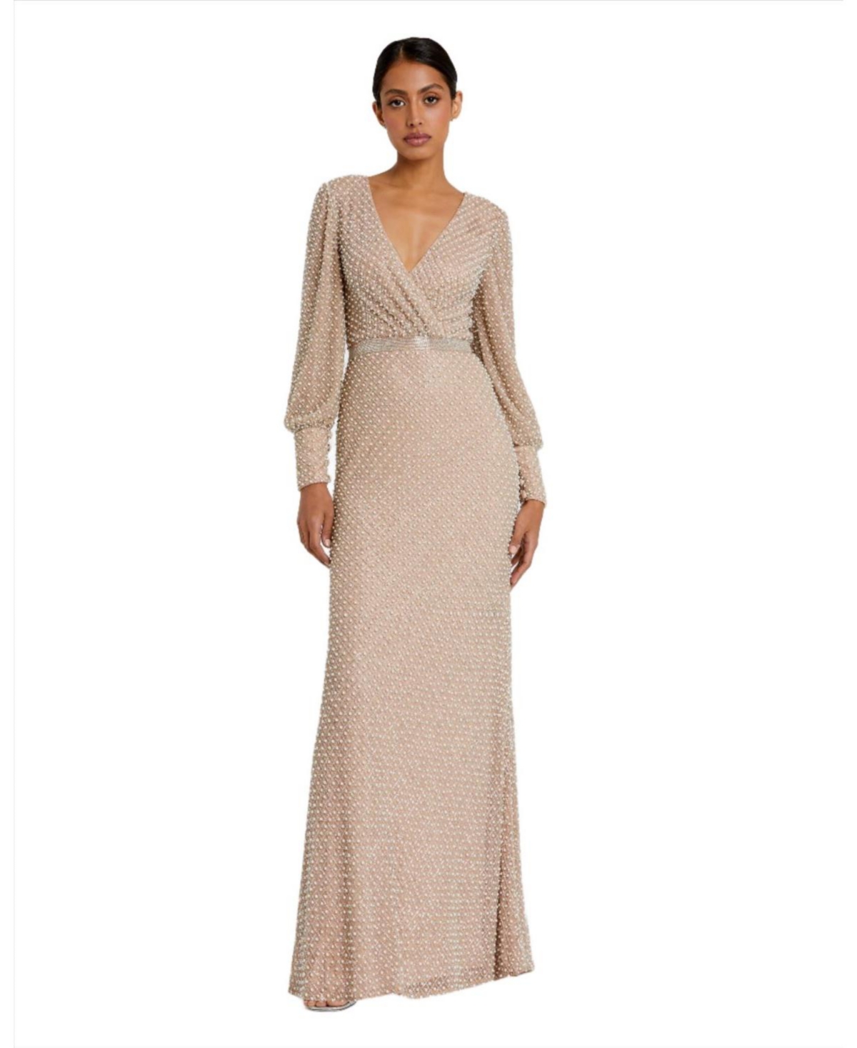 Women's Wrap Over Bishop Sleeve Gown With Pearl Beading - Ivory nude