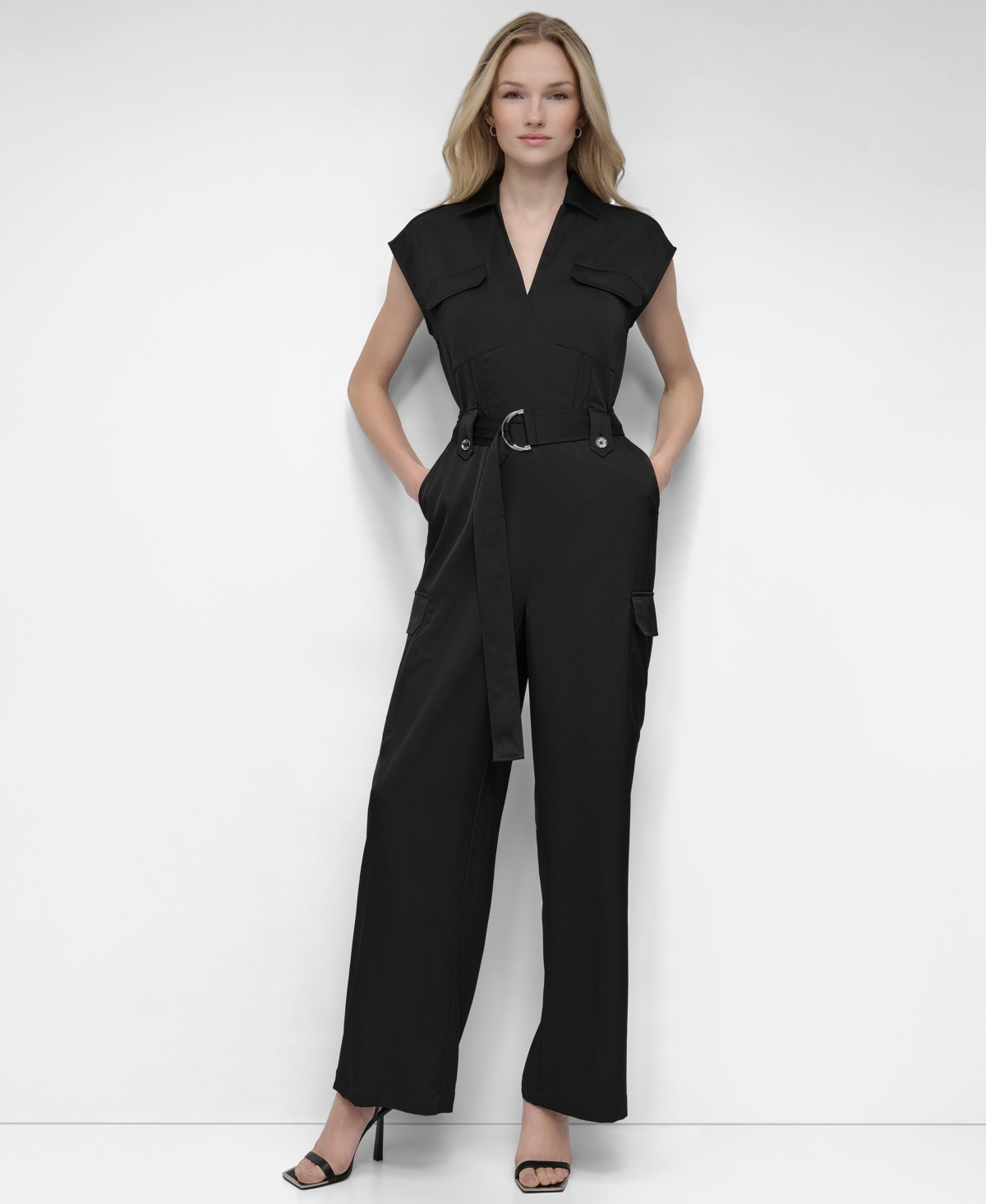 Women's Cap-Sleeve Belted Cargo Jumpsuit - Black