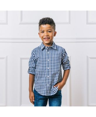 Boys Organic Long Sleeve Stretch Poplin Roll-Up Button Down Shirt