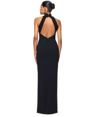 Petite Ruffled Halter Mock Neck Cutout-Back Gown