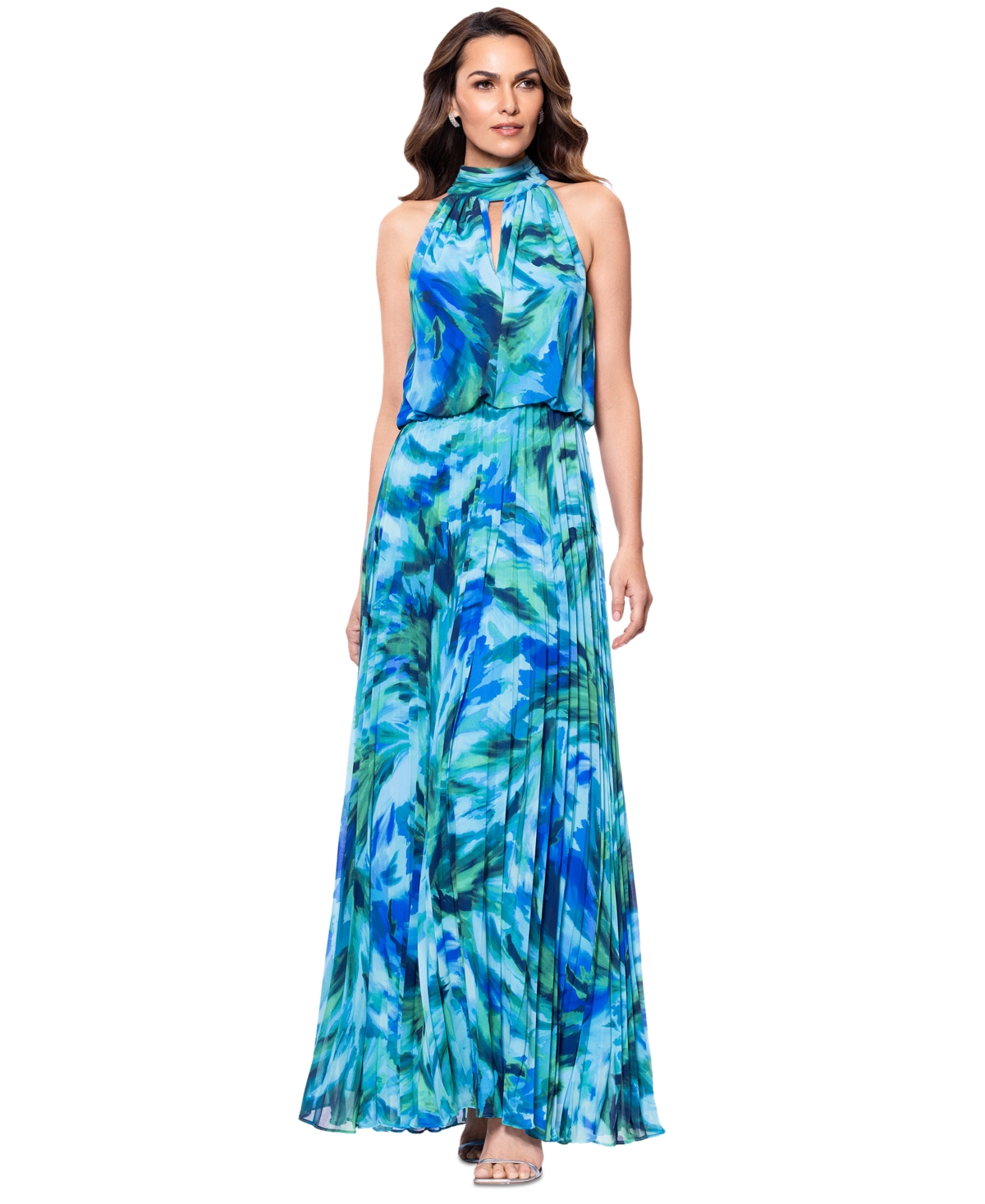 Petite Tie-Back Long Pleated Chiffon Dress - Turquoise/Navy